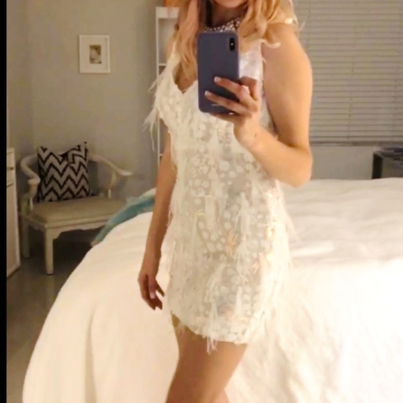 “Banjul" white sequin, feather mini sleeveless cocktail dress - Picture 3 of 9
